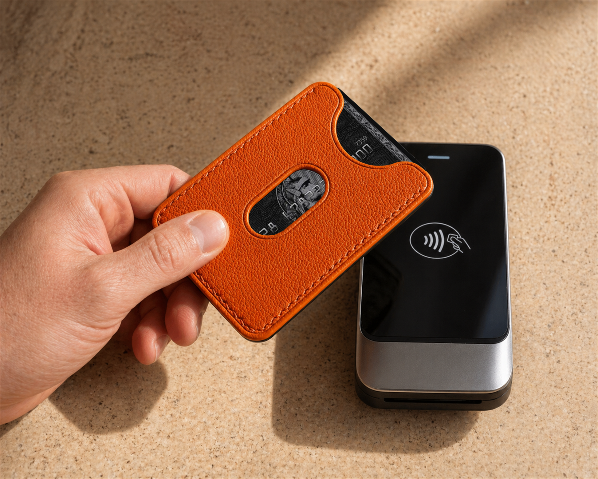 POCKET Card mini in use — handmade leather card holder by Polar Design Italy